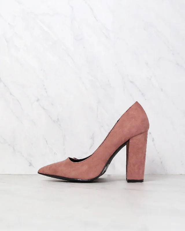 Vegan Suede Chunky Heeled Pointed Toe Pumps in Mauve