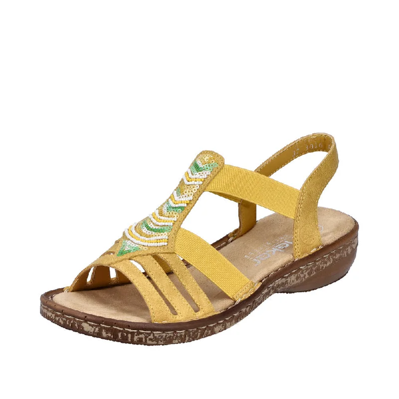 Sandals with flexible sole-Rieker 62808-68 Ladies Yellow Slip On Sandals