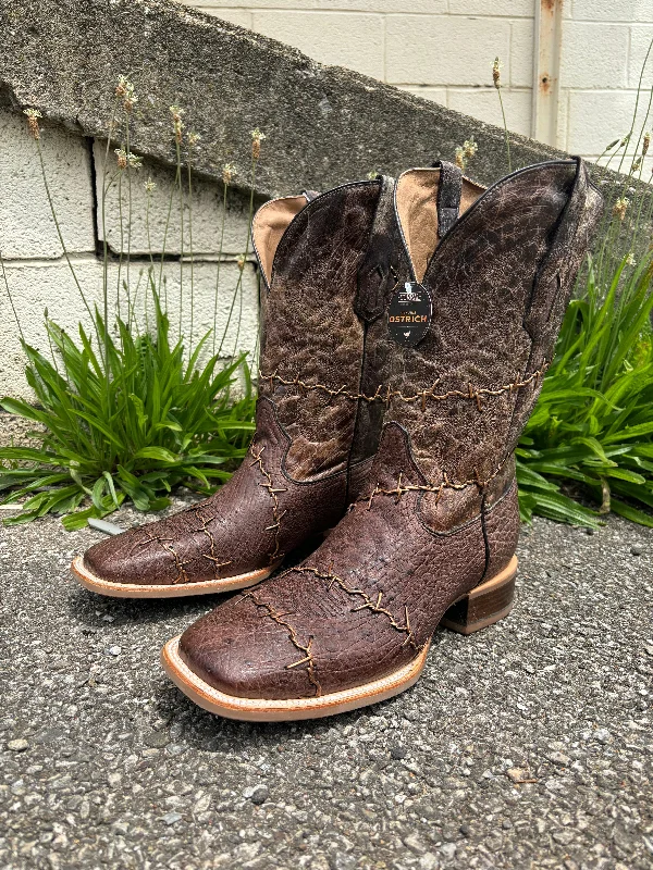 Corral Men's Brown Ostrich Barbed Wire Accent Square Toe Cowboy Boots A4556