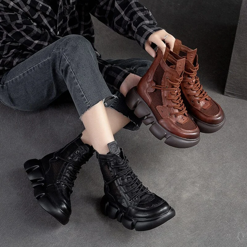 Summer Retro Leather Hollow Mesh Platform Boots