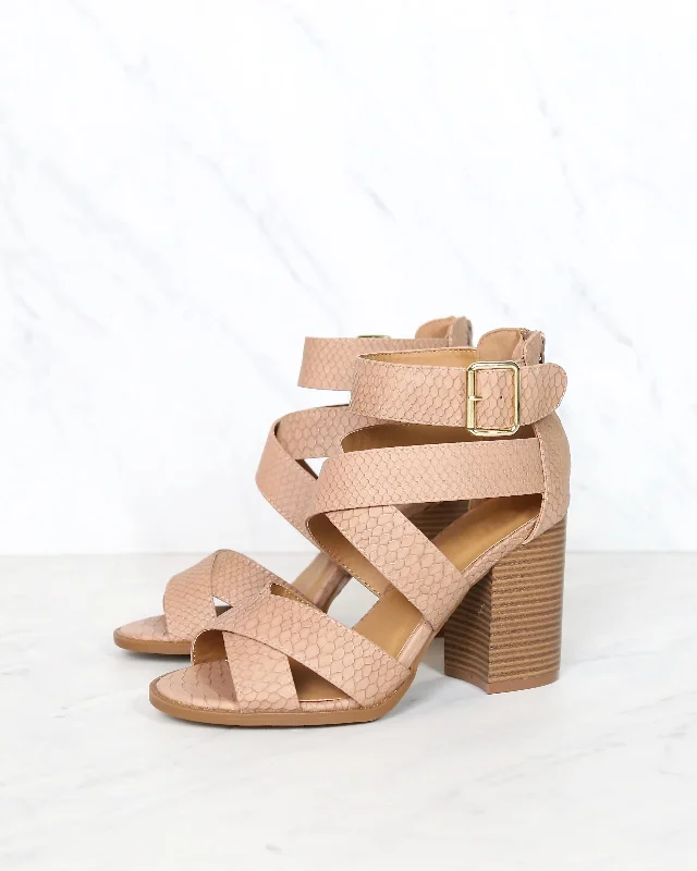 Sandals with memory foam-Sneaky Snake Textured Strappy Peep Toe Heeled Sandals in Dark Blush