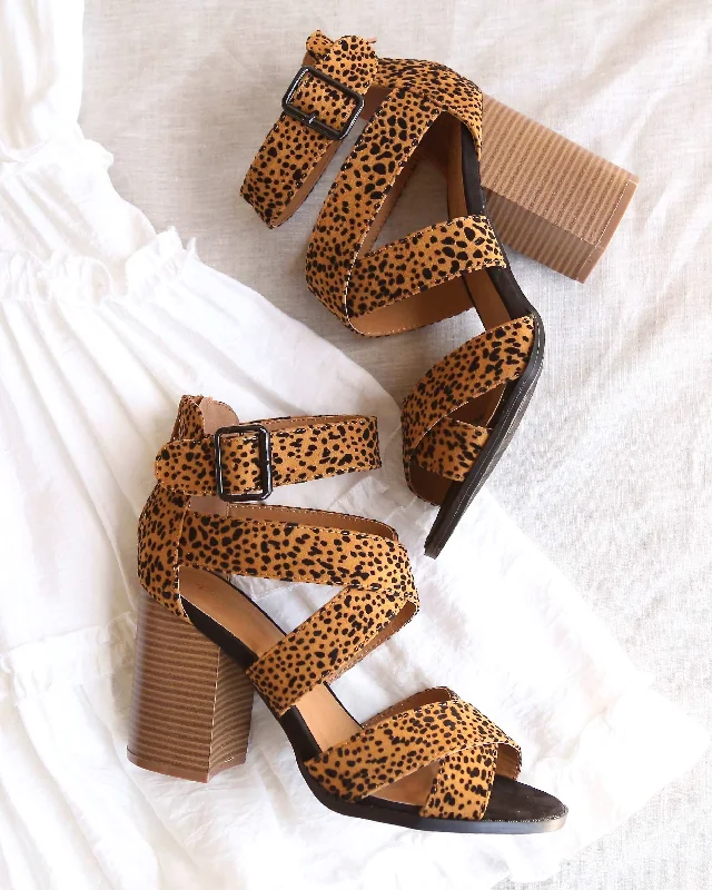 Sandals with leather straps-Wild Night Out Textured Suede Open Toe Strappy Sandals in Camel/Black Leopard