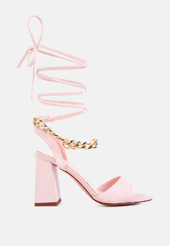 Sandals with floral straps-gone gurl chain embellishment tie up block heel sandals