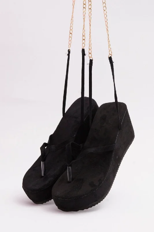 Sandals for walking days-Black Chain Decor Tie Leg Toe Post Wedge Thong Sandals