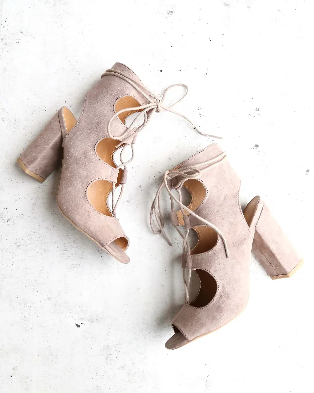 Sandals for summer outings-Suede Lace Up Heel Sandals in Taupe