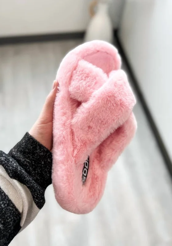 Slippers with washable cushion-Favorite Fuzzy Slippers In Pink